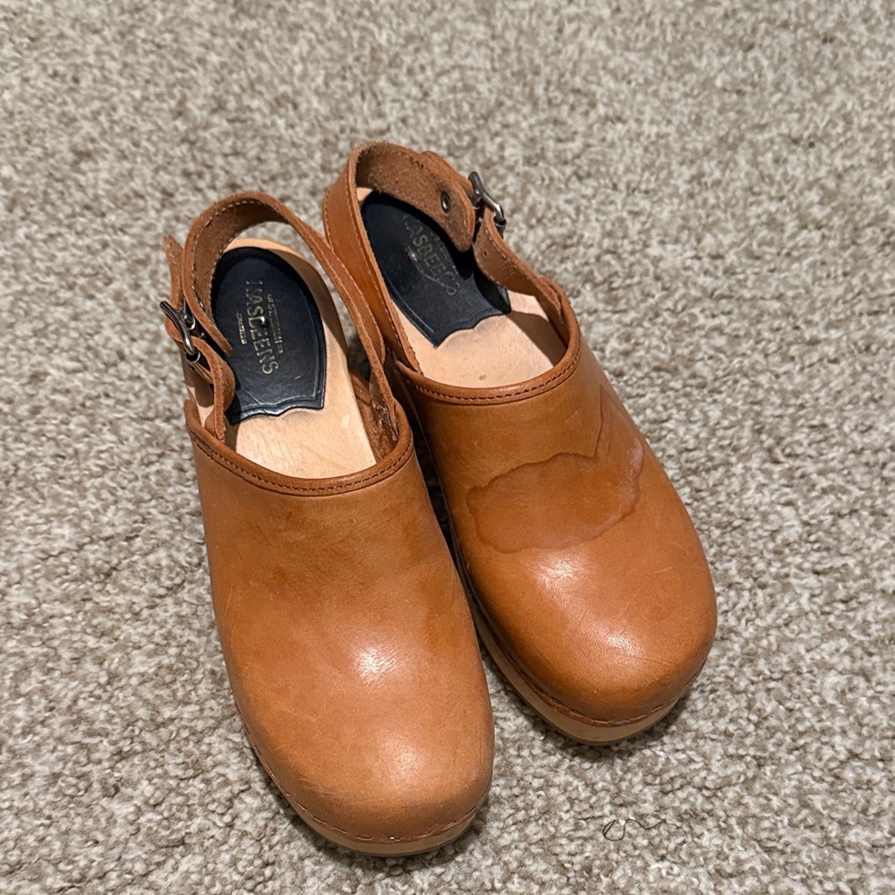 Swedish Hasbeens Cognac Leather Slingback Clogs